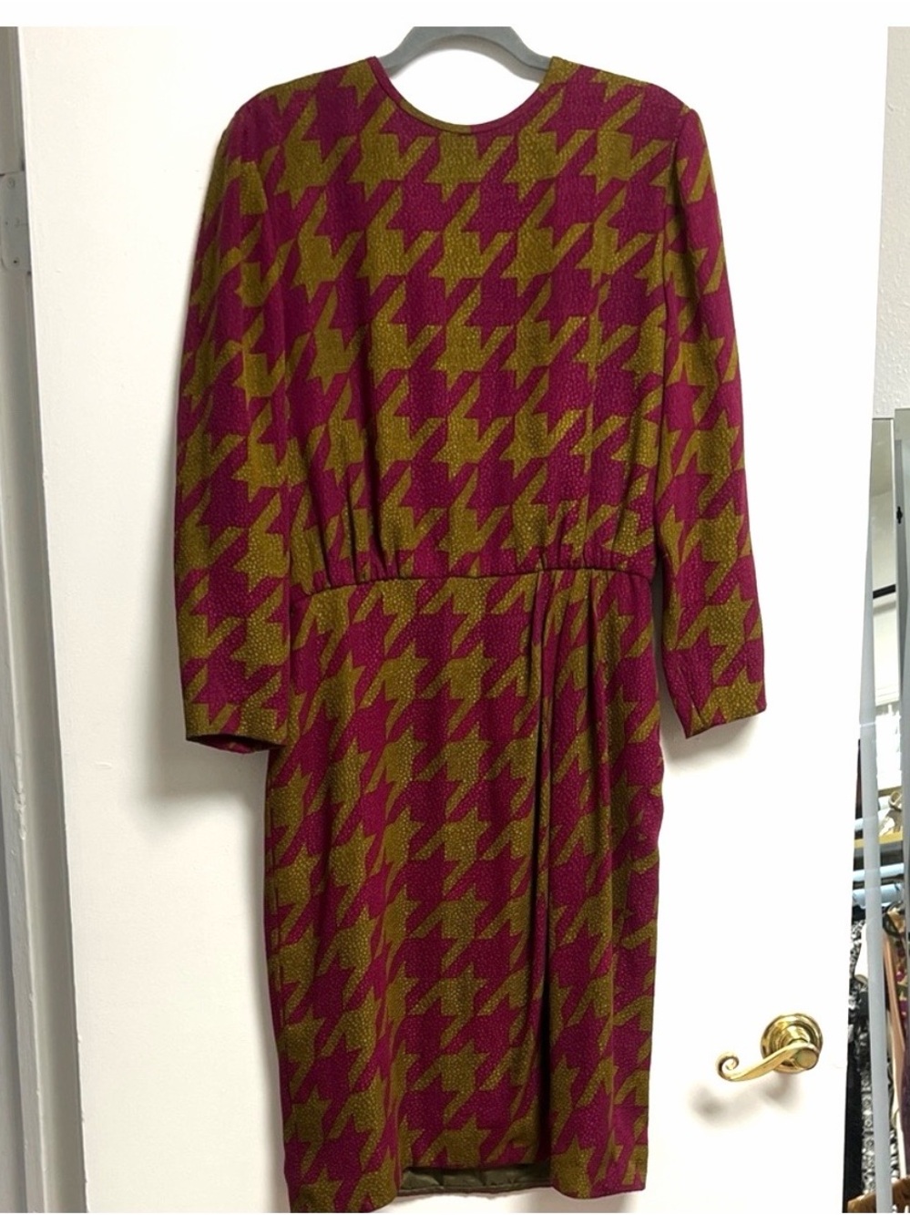 Vintage Stanley Platos Long Sleeve Dress Pink Olive Green Houndstooth 14
